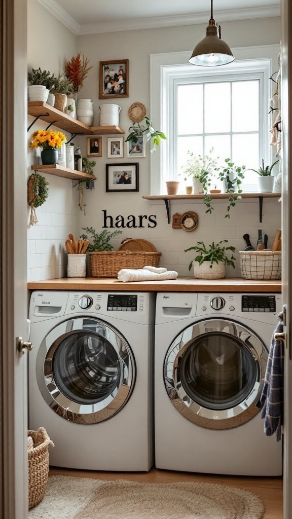 A cozy laundry room with plants, framed photos, and stylish storage.