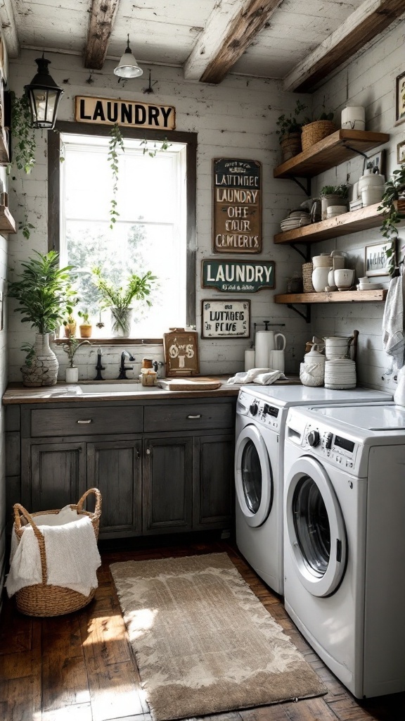A vintage laundry room with rustic signs and natural decor
