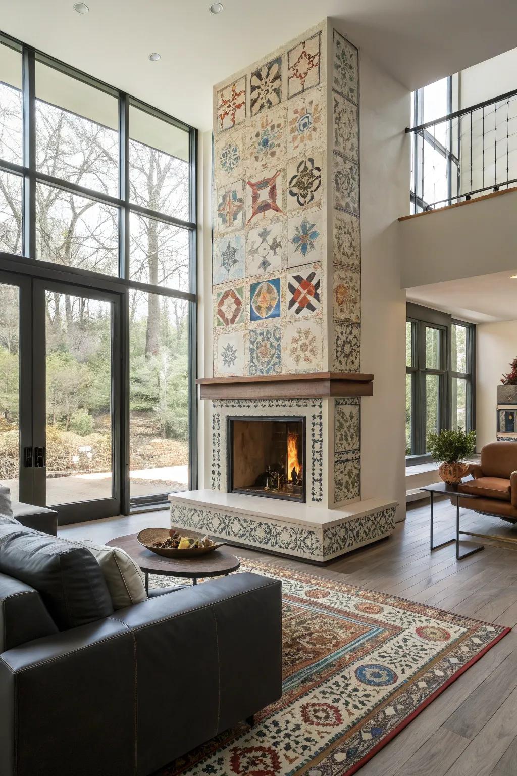 Fireplace transformed into an art piece with artistic tiles.