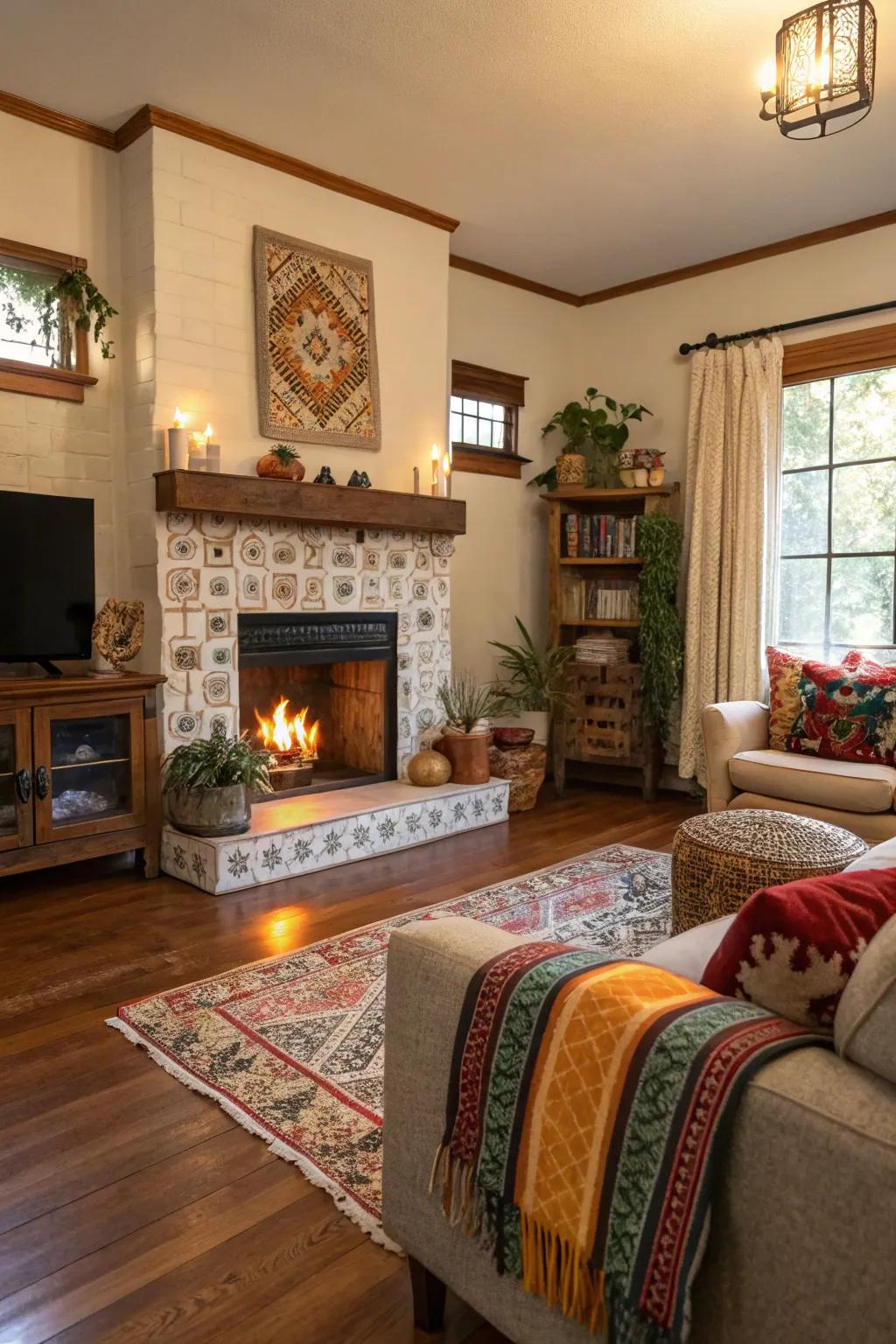 Warm wood flooring and eclectic decor create a cozy fireplace setting.