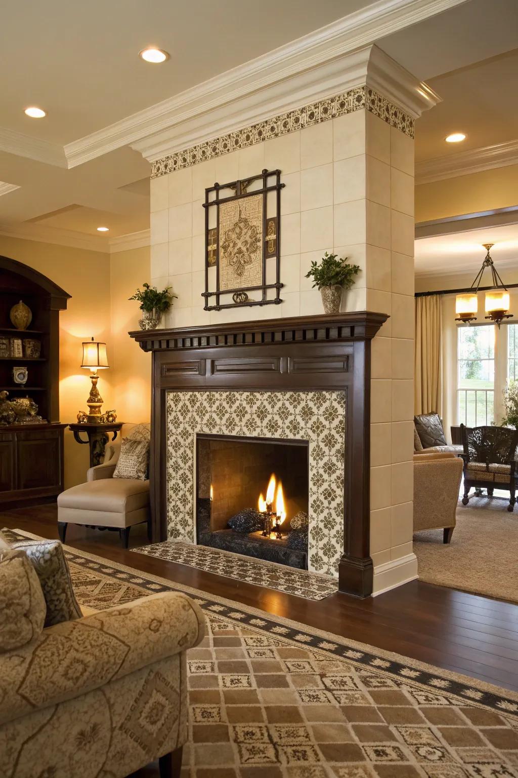 Two-tone tiles form a stylish and eye-catching fireplace feature.
