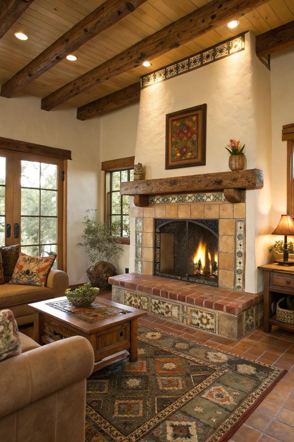 Rustic wood mantel paired with earthy tiles for a cozy fireplace.