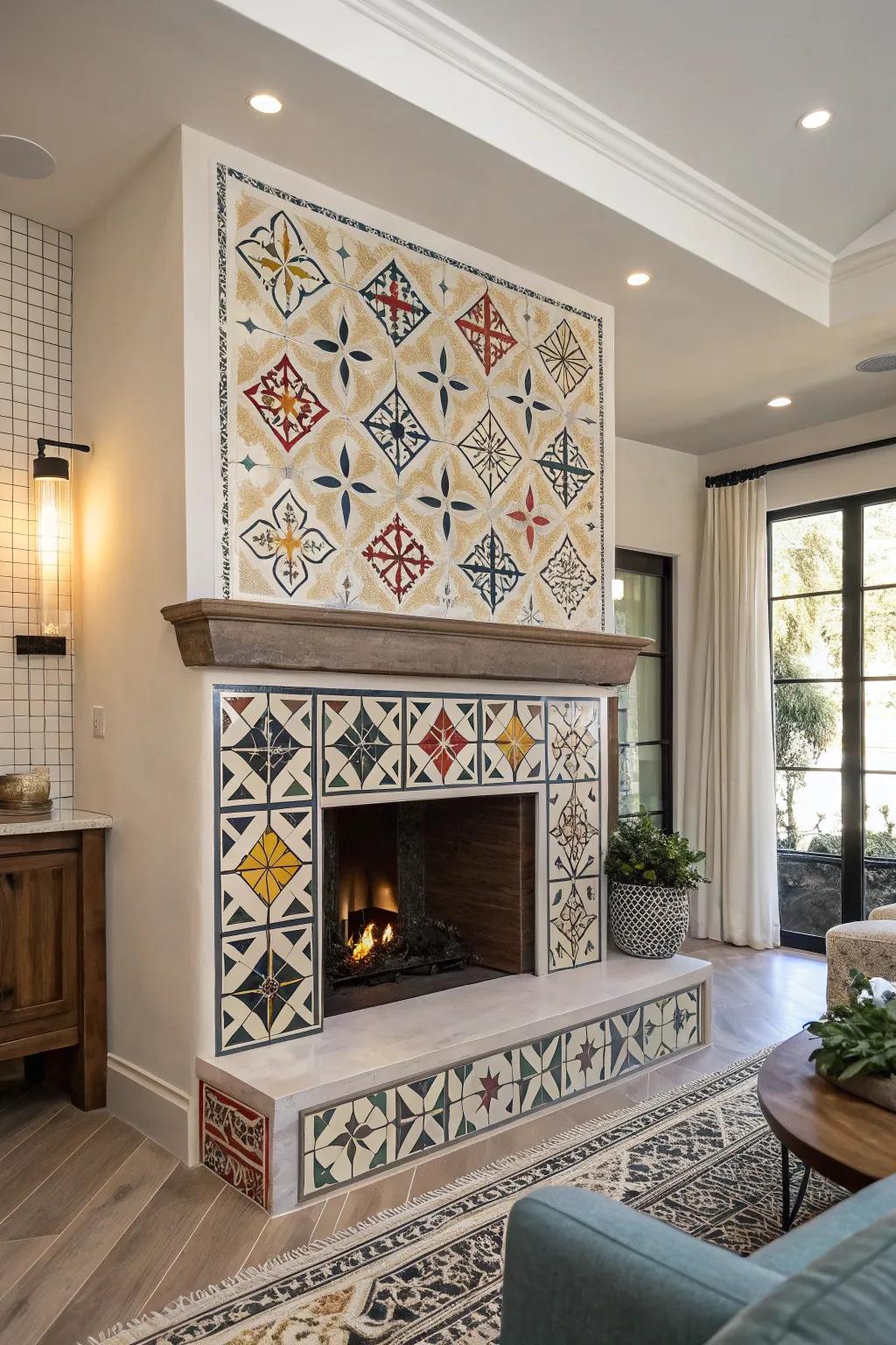 Modern geometric tiles add flair to this fireplace.