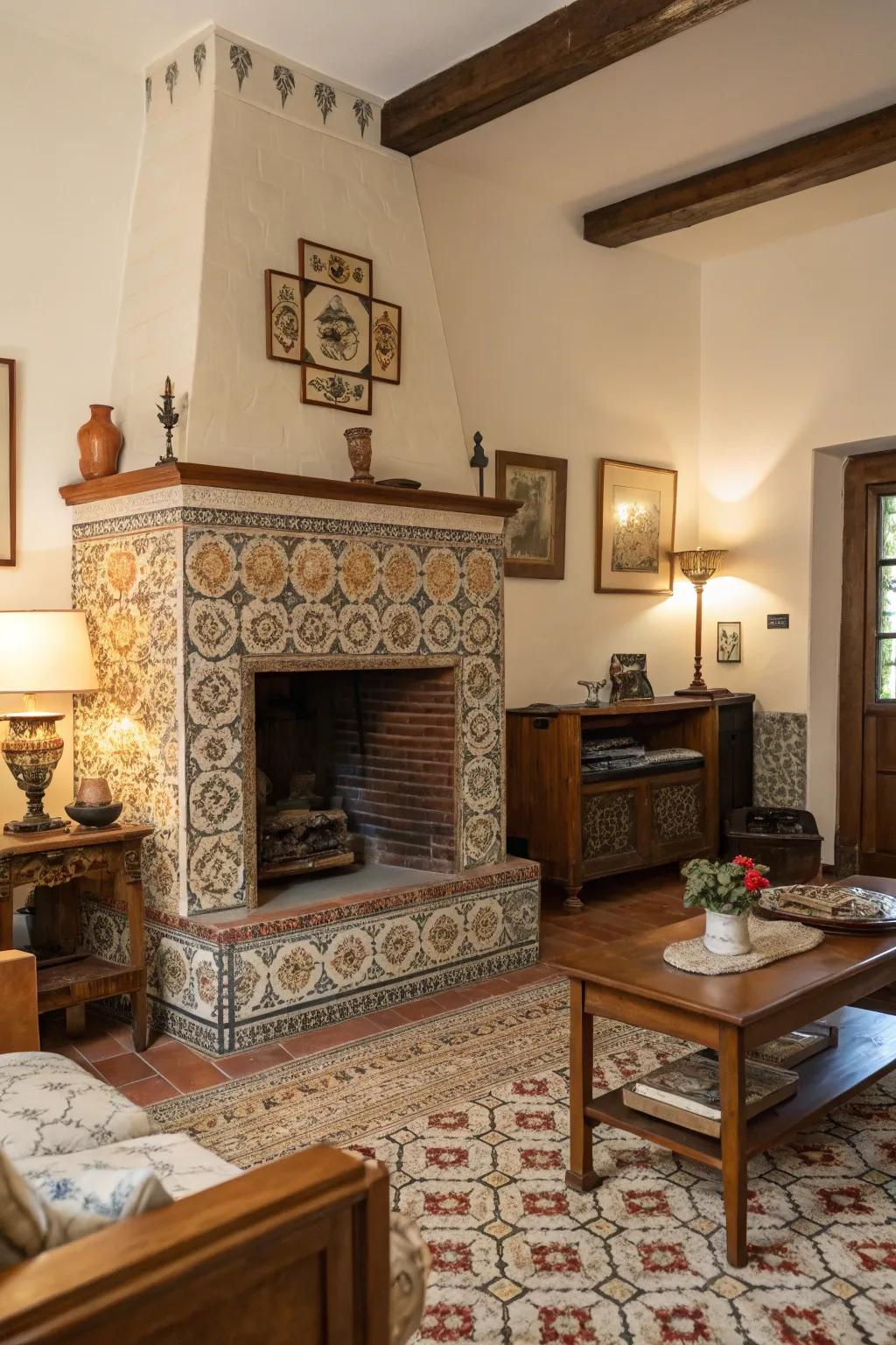Vintage tile patterns add nostalgic charm to the fireplace.