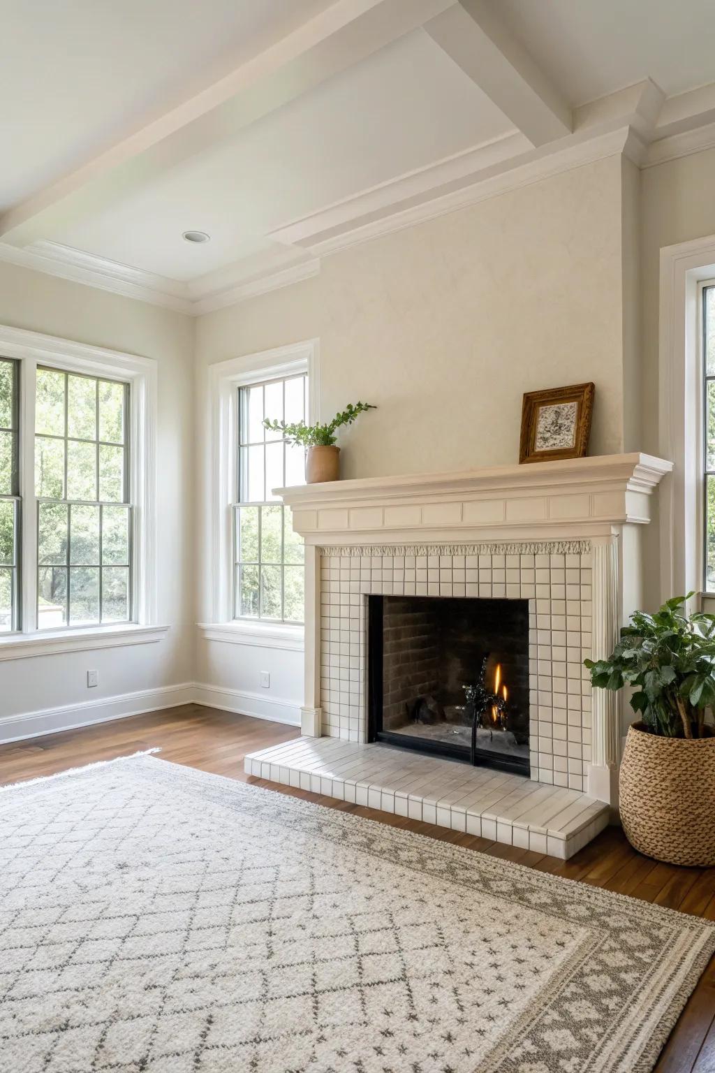 Minimalist fireplace with neutral tones and clean lines.