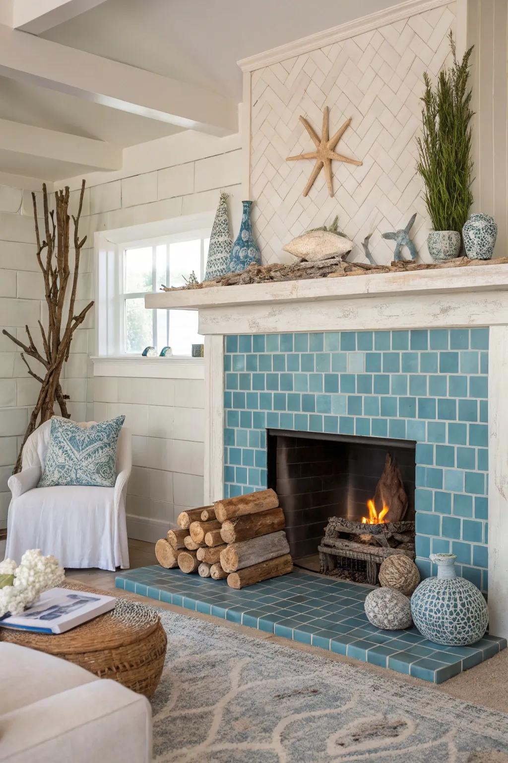 Blue tiles evoke a calm coastal atmosphere indoors.