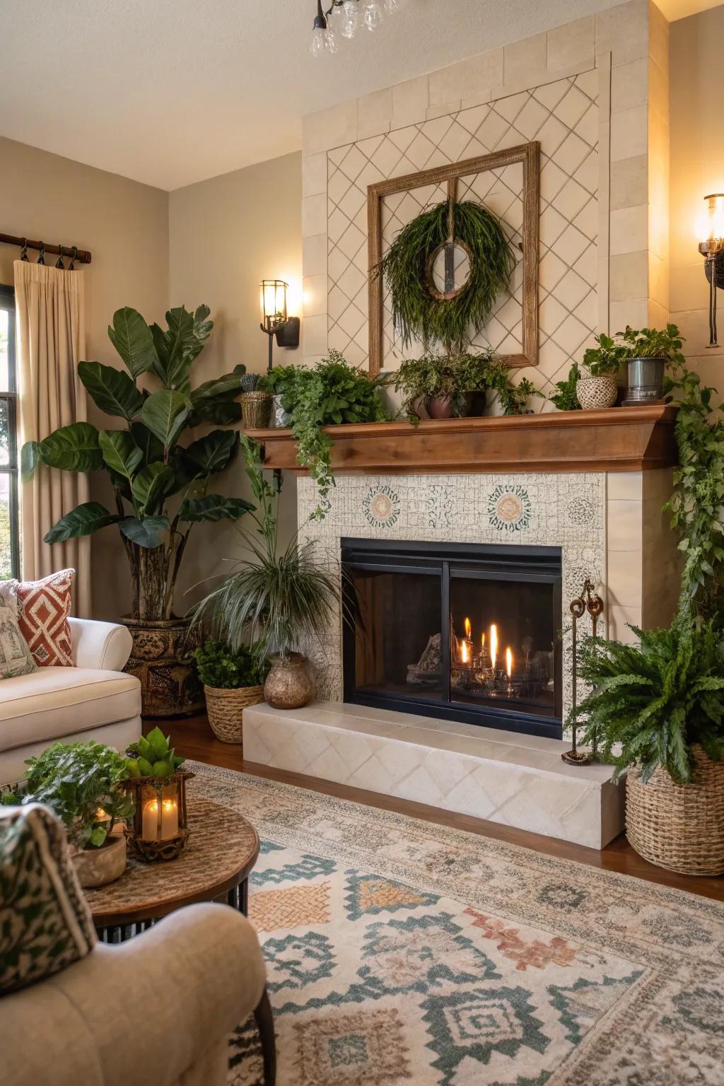 Indoor plants and decor enliven this inviting fireplace area.