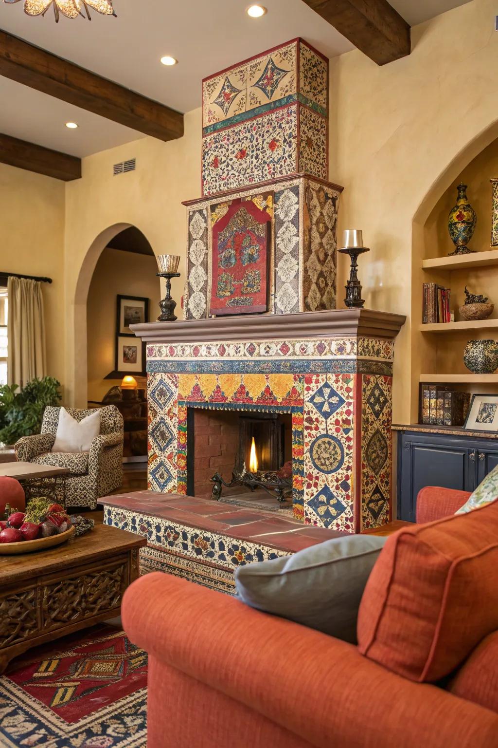 Vibrant bold tile patterns create a captivating fireplace.