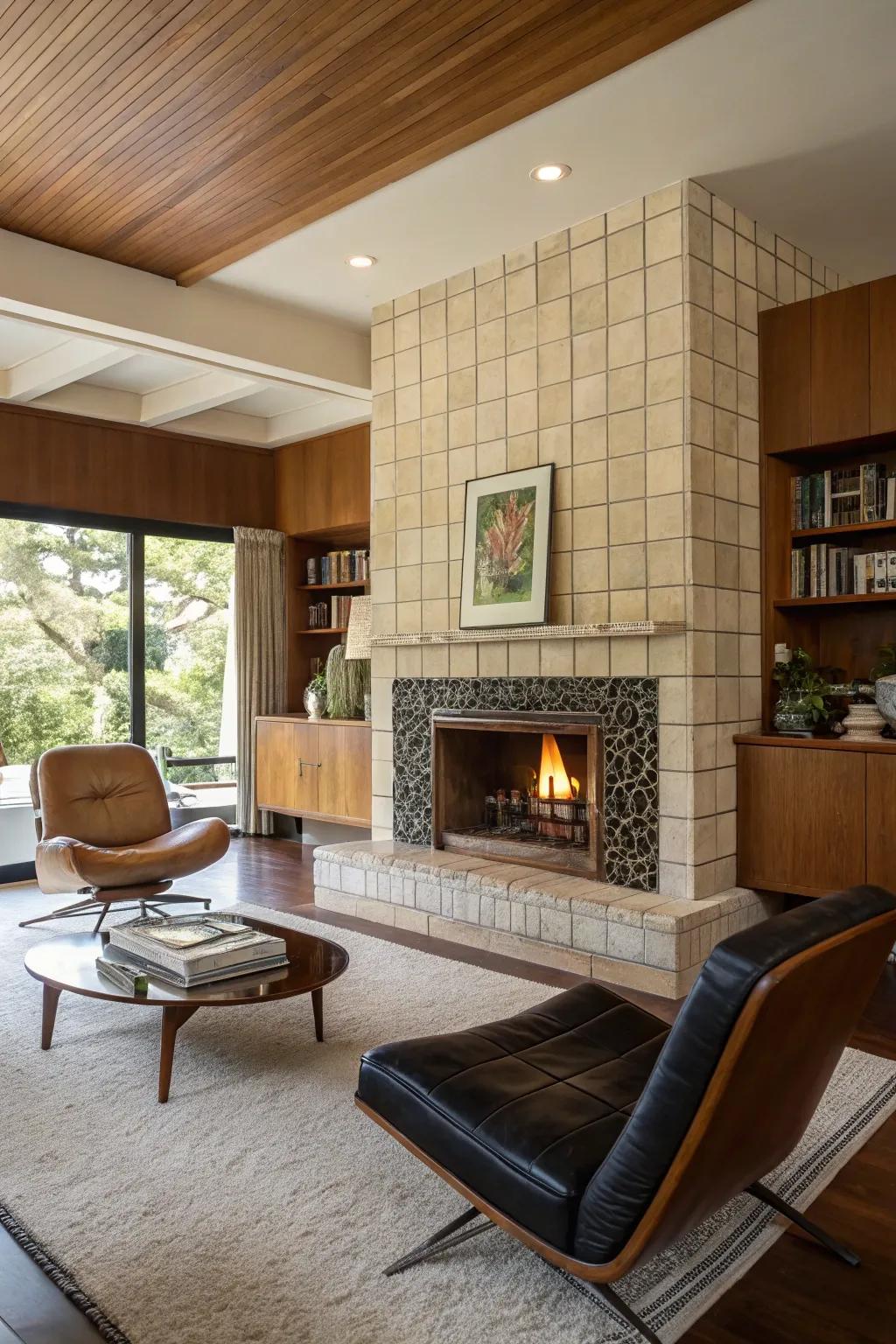Glossy tiles and sleek lines evoke midcentury modern style.