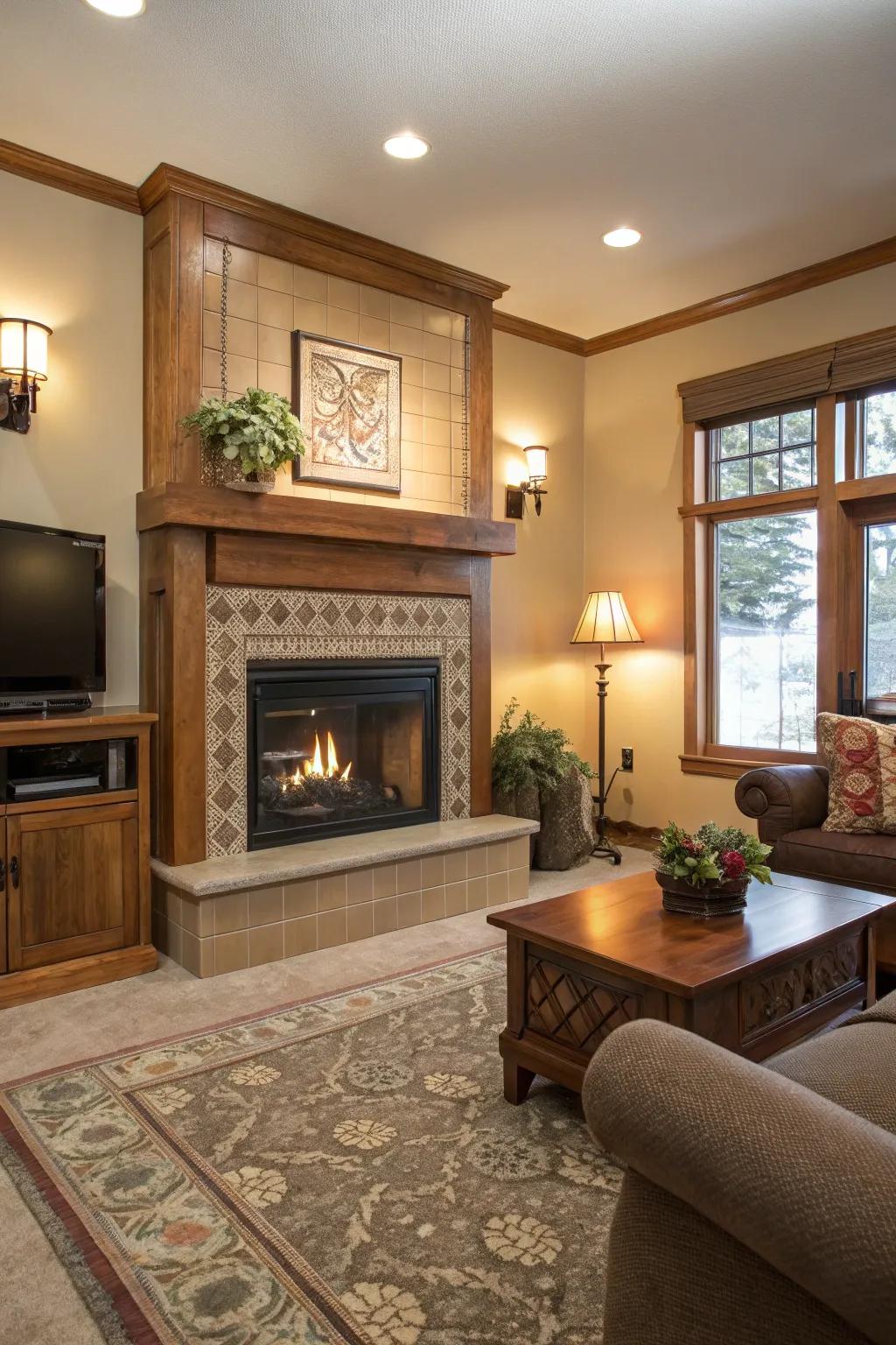 Wood elements soften and warm the fireplace design.