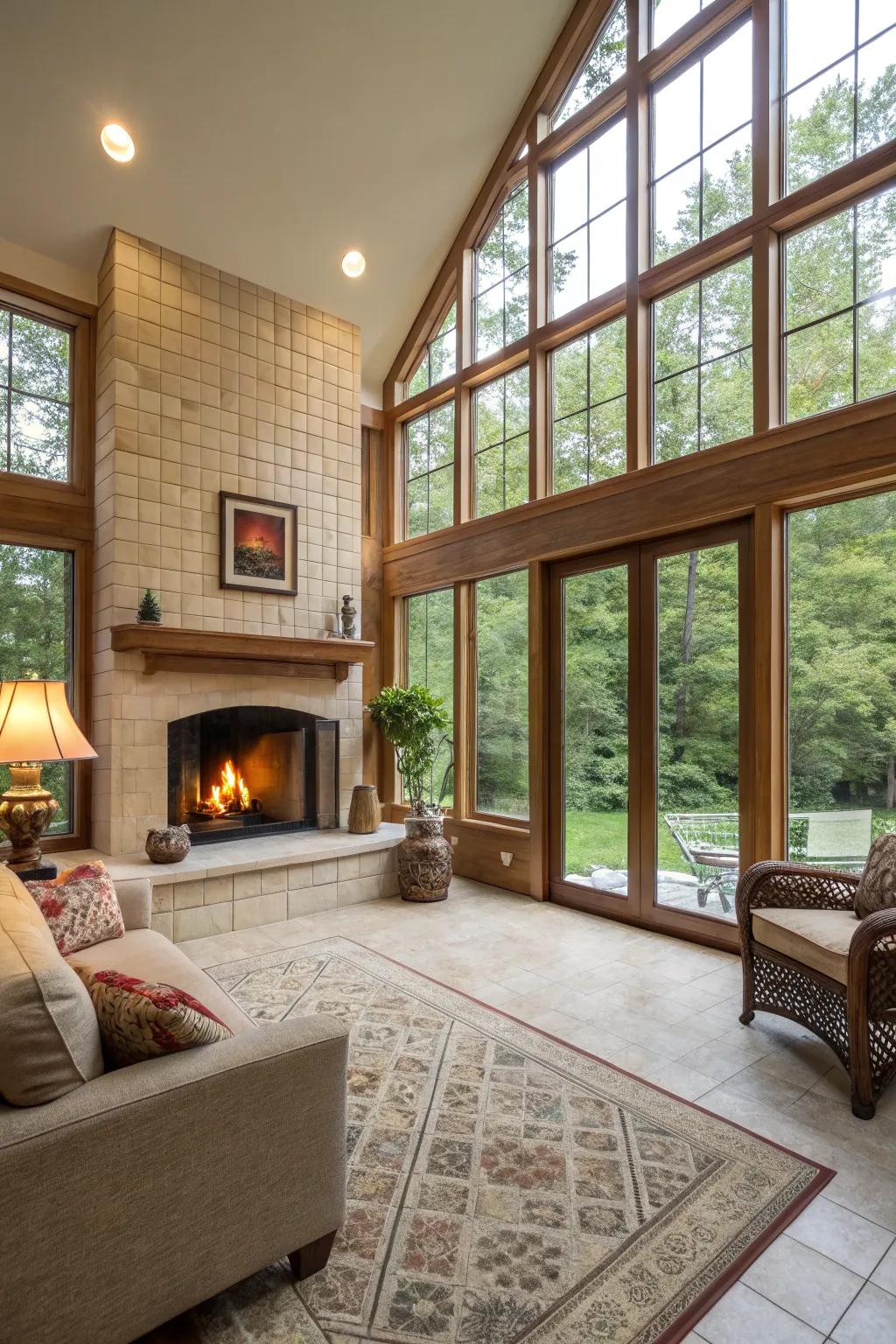 Matching tiles create a smooth transition between indoor and outdoor spaces.