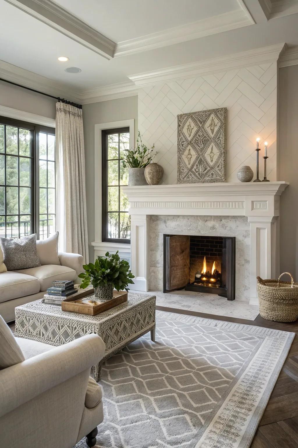 Monochromatic tiles create a sleek and unified fireplace look.