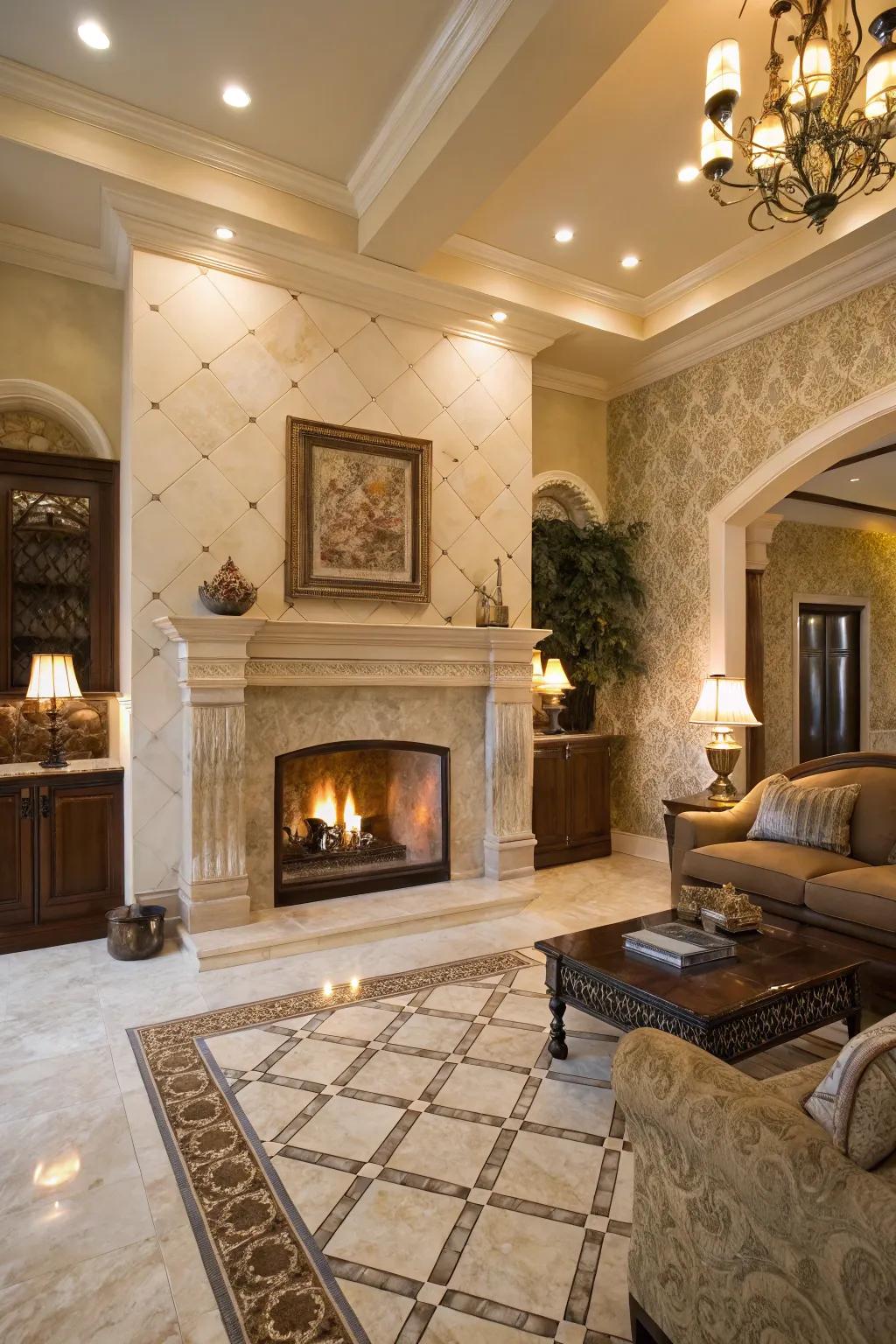 Marble tiles exude timeless luxury around the fireplace.