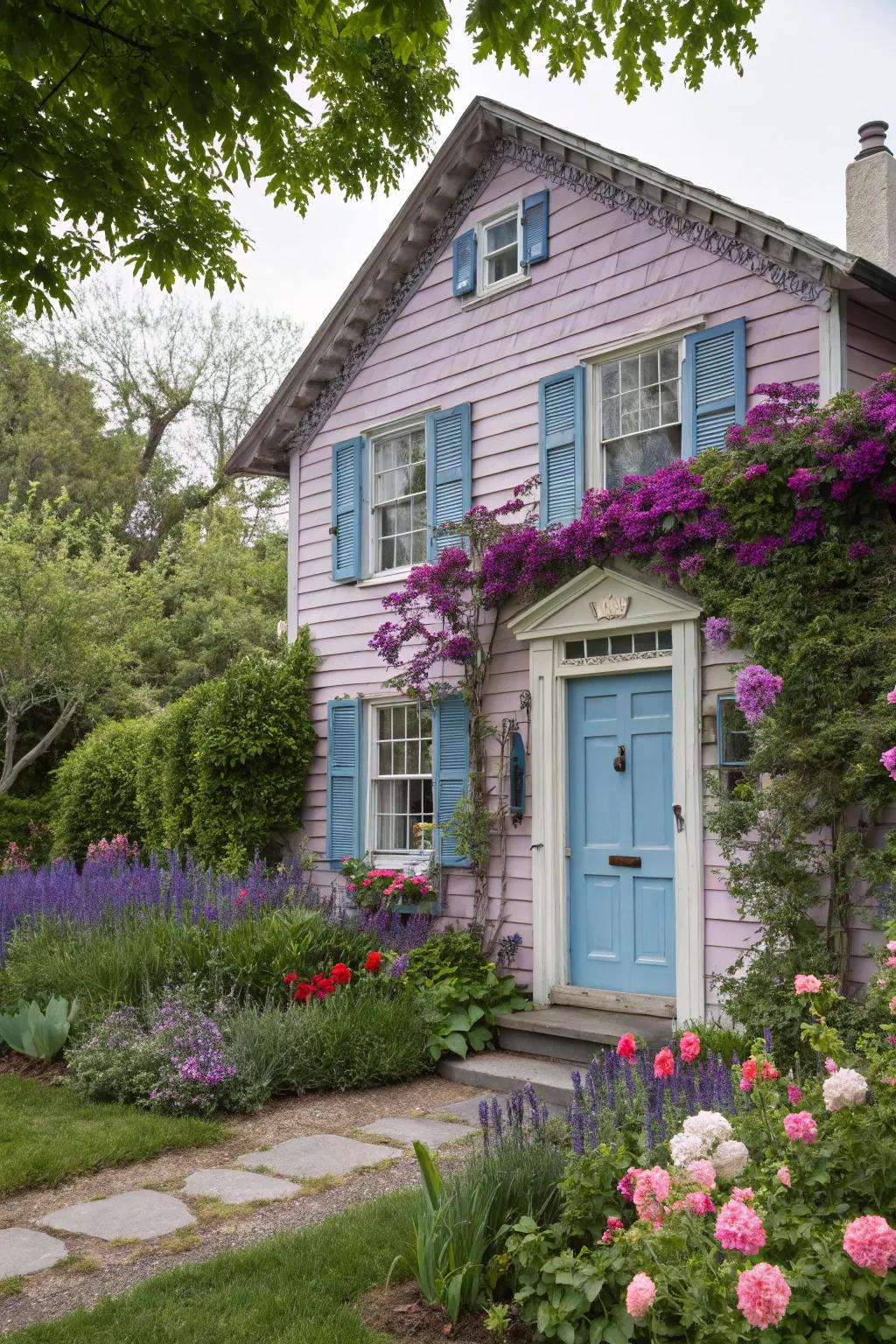 Dreamy lavender shutters with a sky blue door for a serene exterior.