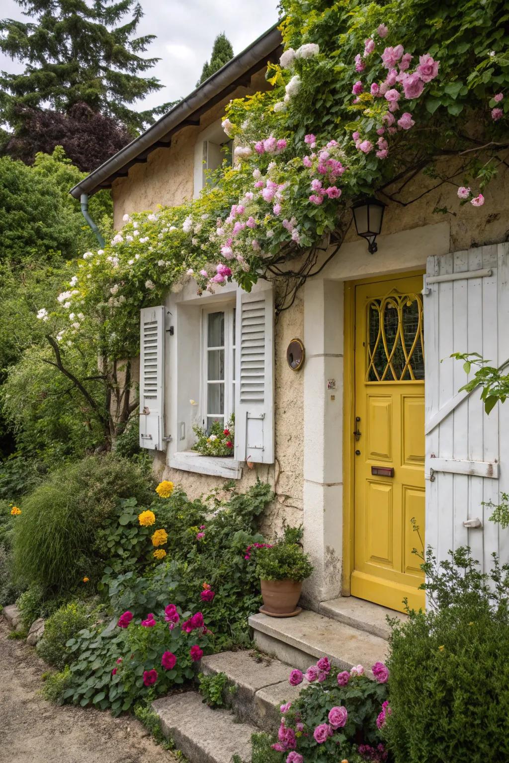 Sunny yellow door paired with crisp white shutters for a cheerful look.