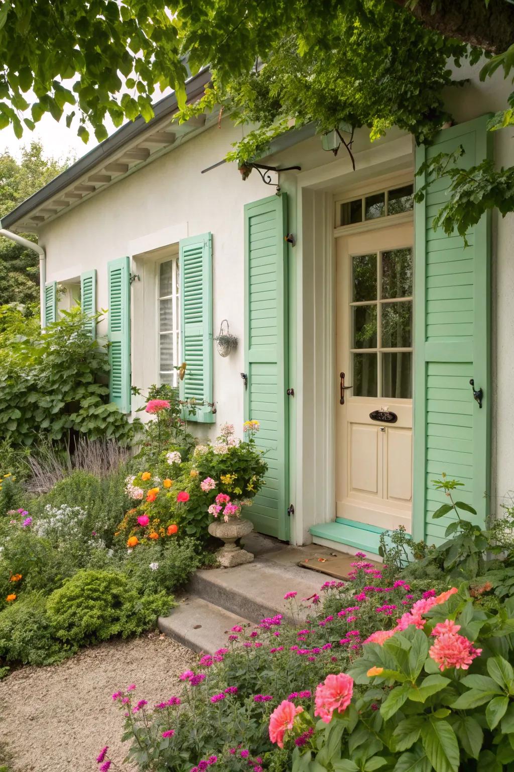 Refreshing mint shutters with a cozy beige door for a light, airy feel.