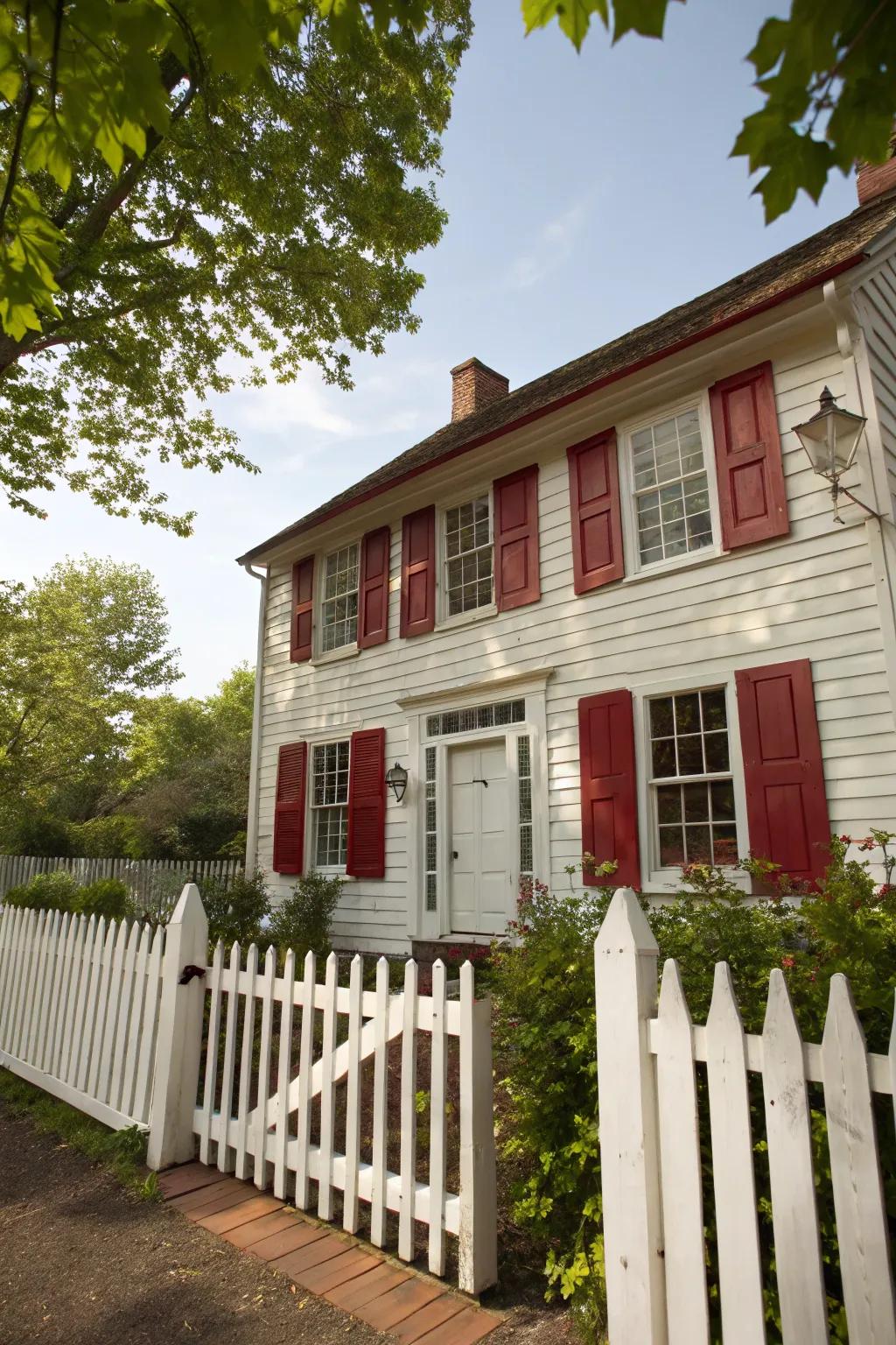 Striking red shutters with a pure white door for a bold statement.