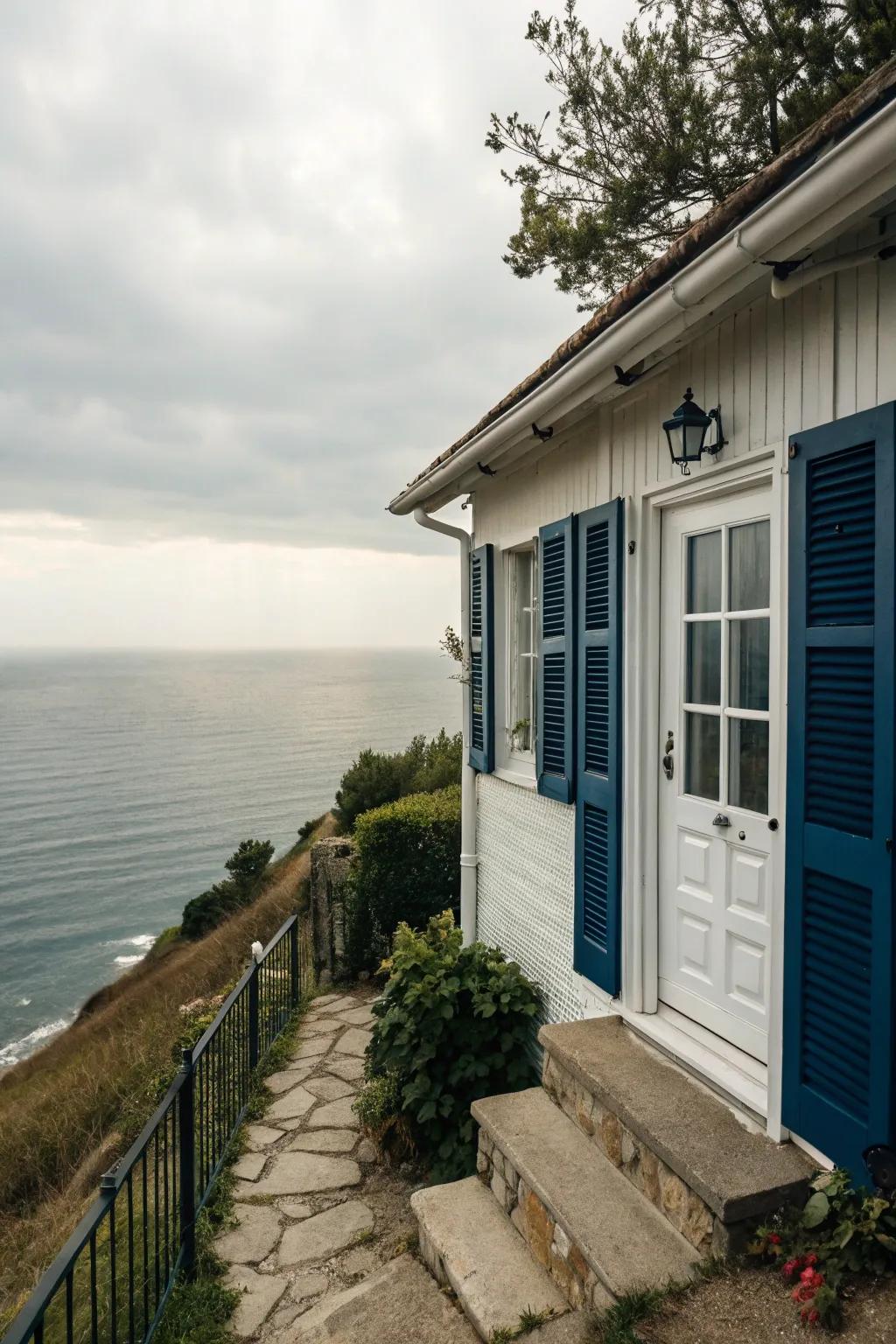 Nautical navy shutters with a crisp white door for a fresh coastal look.