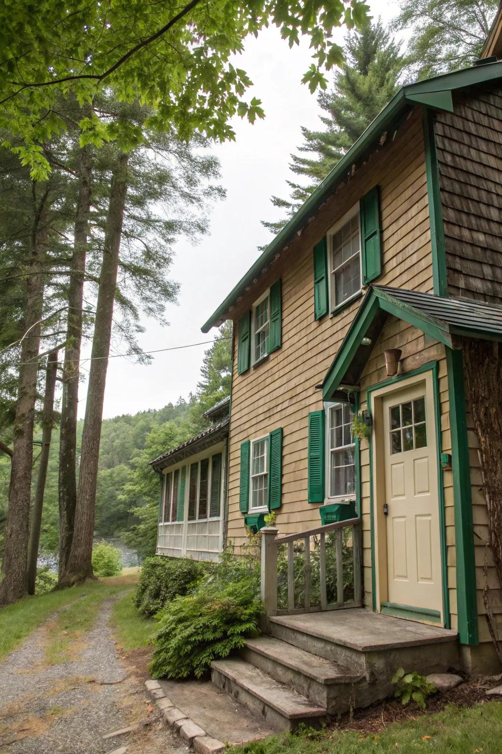 Natural green shutters with a cozy beige door for a serene look.