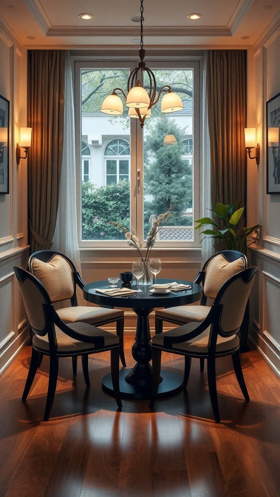 Chic round table setup in a small dining room with elegant chairs and a cozy atmosphere.