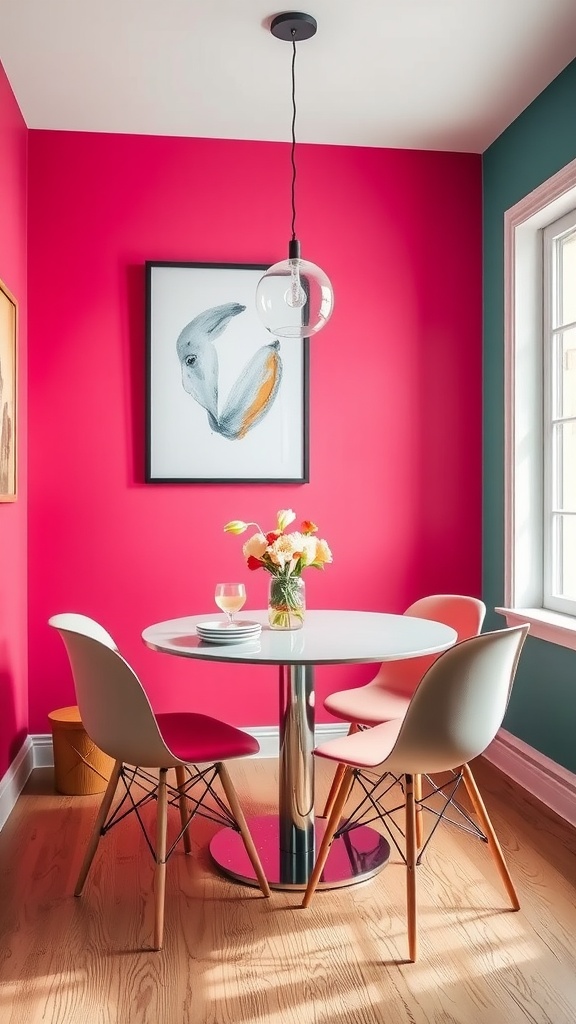 Small dining room with colorful accent walls and modern decor.
