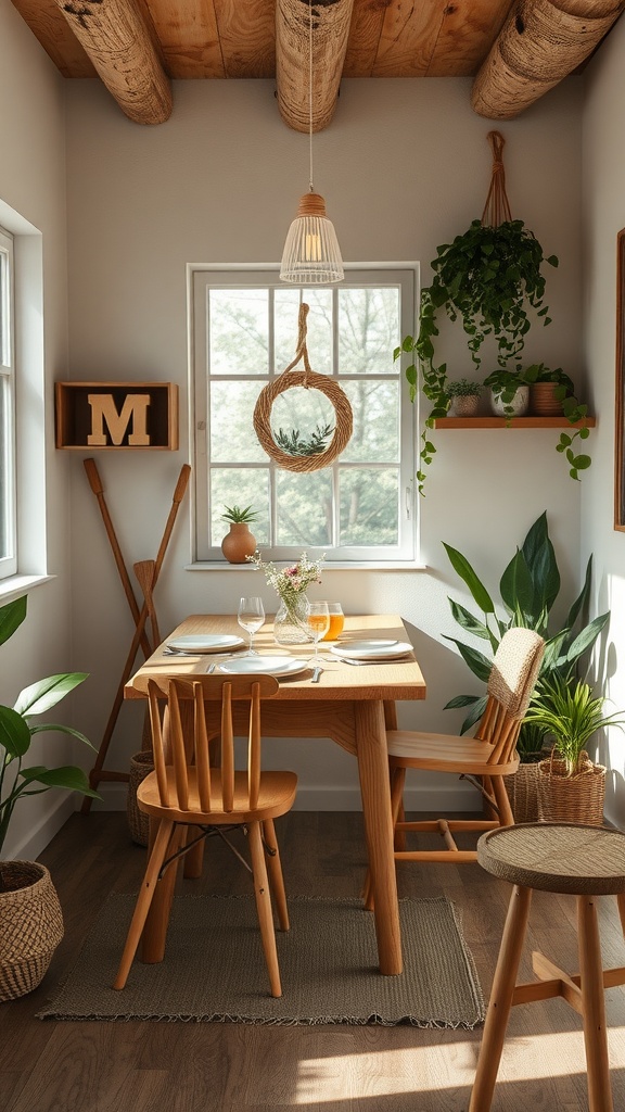 A cozy small dining room with wooden furniture, natural light, and plants.