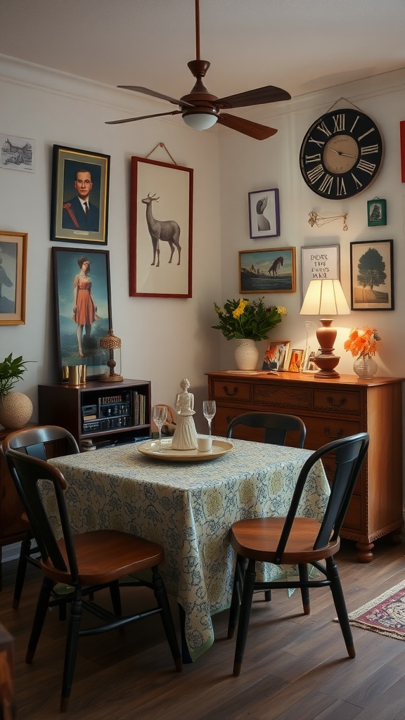 A cozy small dining room featuring vintage decor, eclectic artwork, and a warm atmosphere.