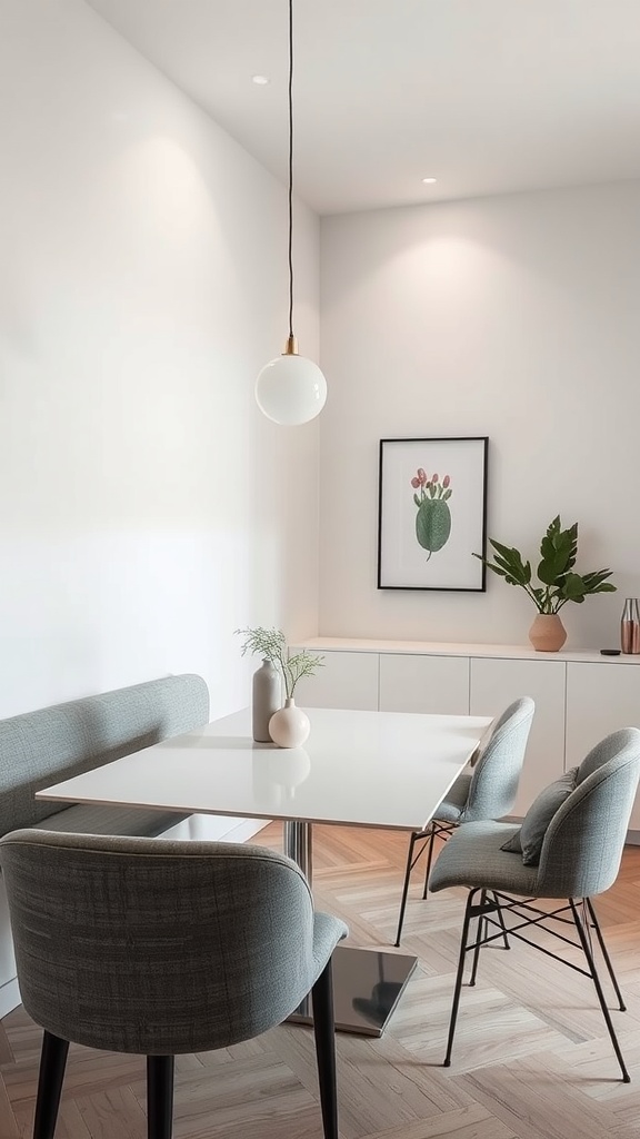 A modern minimalist dining room with a sleek table, comfortable chairs, and a decorative plant.