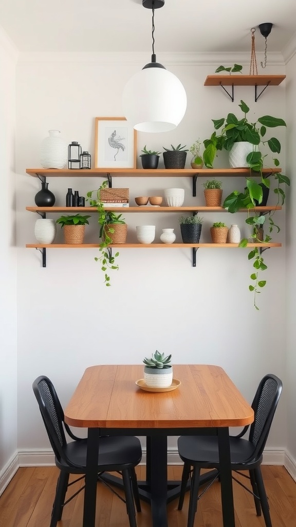 A cozy dining area featuring wall-mounted shelves with plants and decorative items.