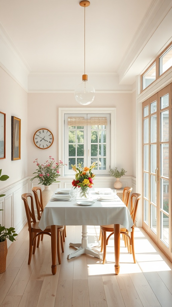 A bright and airy dining room with a wooden table and chairs, decorated with flowers and artwork.