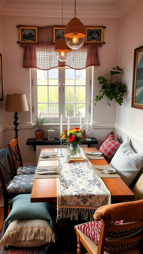 Cozy dining room with layered textiles including cushions and a table runner.