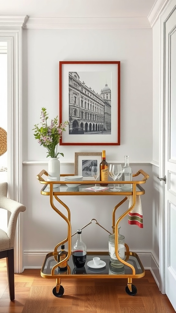 A stylish bar cart with drinks and decorative items in a small dining room.