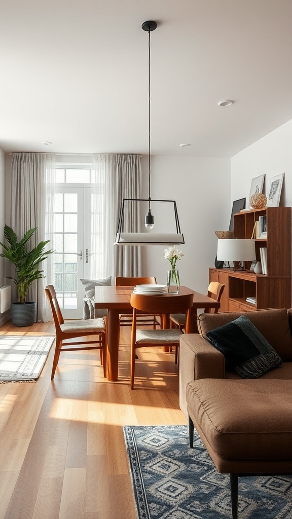 Stylish small dining room with a wooden table, chairs, and a cozy sofa in an open concept layout.