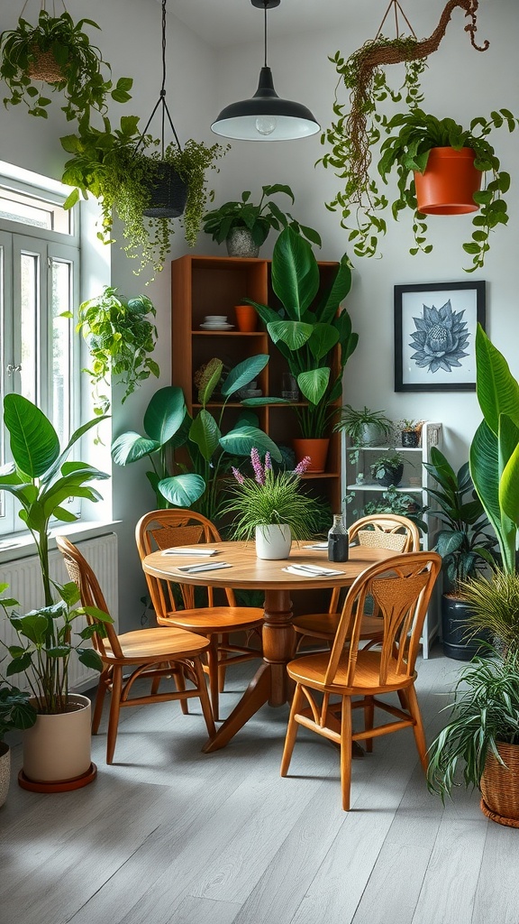 A cozy dining room filled with various indoor plants, featuring a wooden table and chairs.