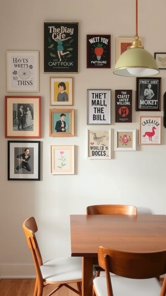 A cozy dining area featuring a gallery wall with various framed artworks and a wooden dining table with chairs.