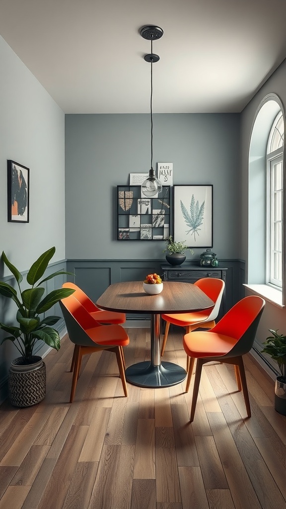 A small dining room with contrasting colors featuring orange chairs and a muted gray wall.