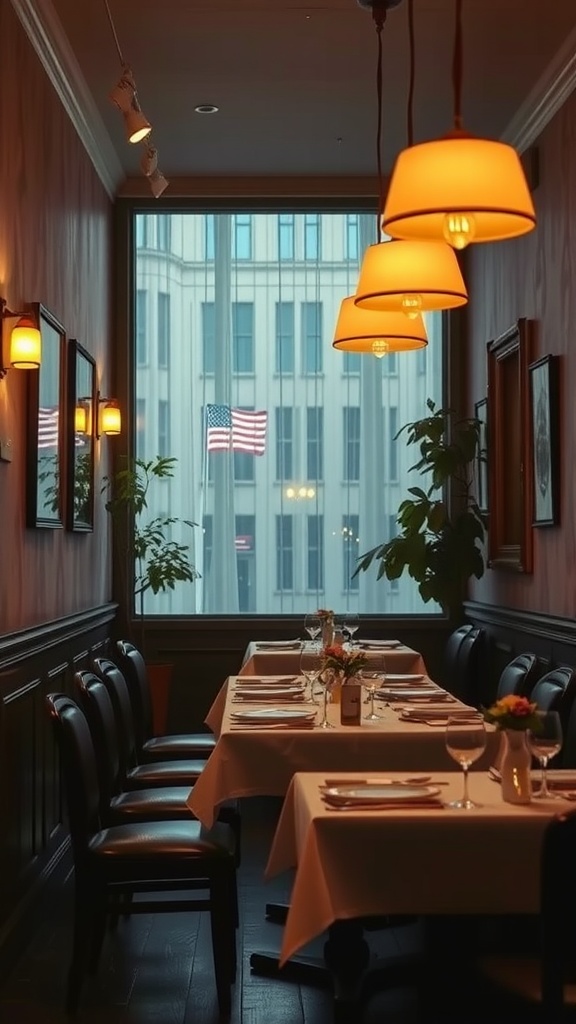 Small dining room with warm lighting and elegant table settings