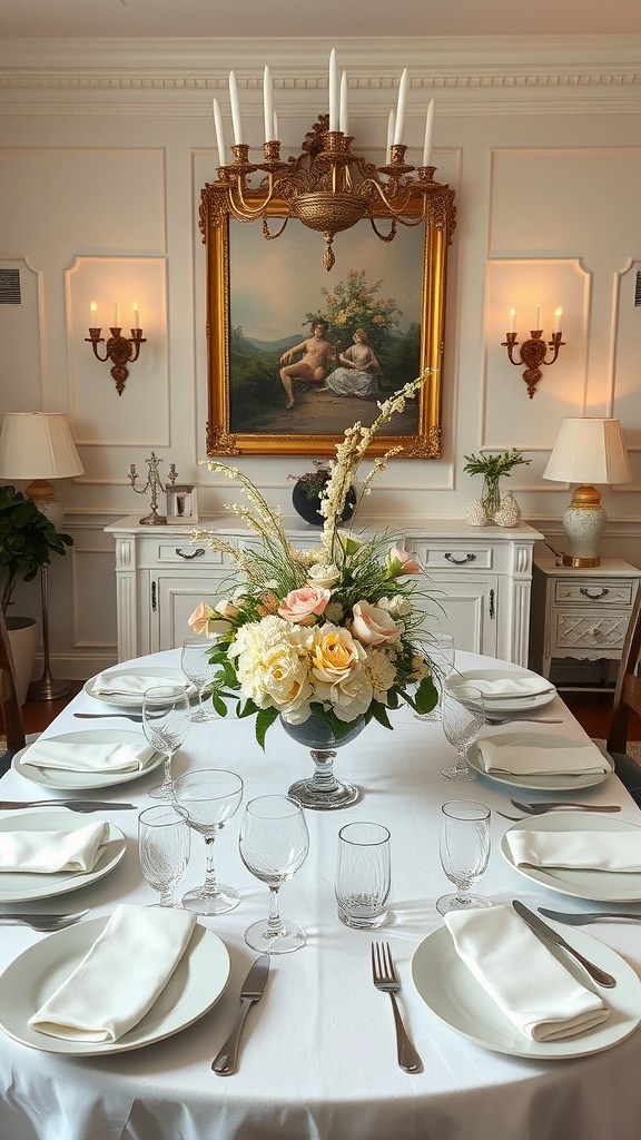 Beautiful dining table with a floral centerpiece surrounded by elegant table settings.