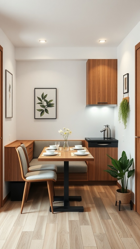 Cozy kitchen-dining area with wooden furniture and plants.