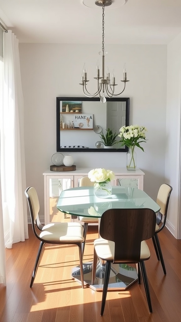 A small, elegant dining room featuring a glass table, stylish chairs, and a large mirror on the wall.