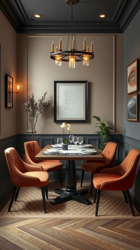 A small dining room featuring a round table with four orange chairs, elegant lighting, and warm wall colors.