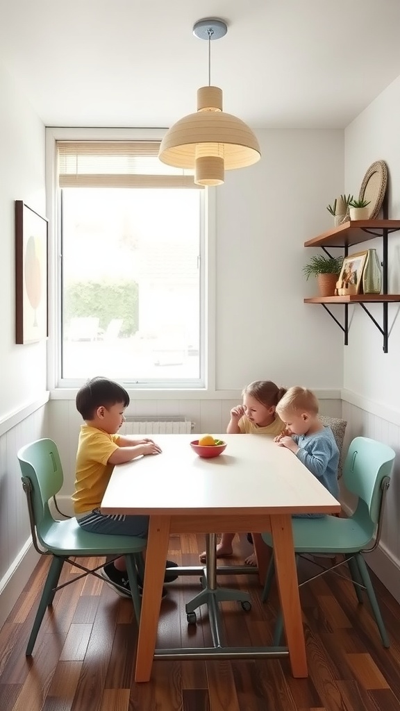 A small dining room with colorful chairs, a wooden table, and happy decor.