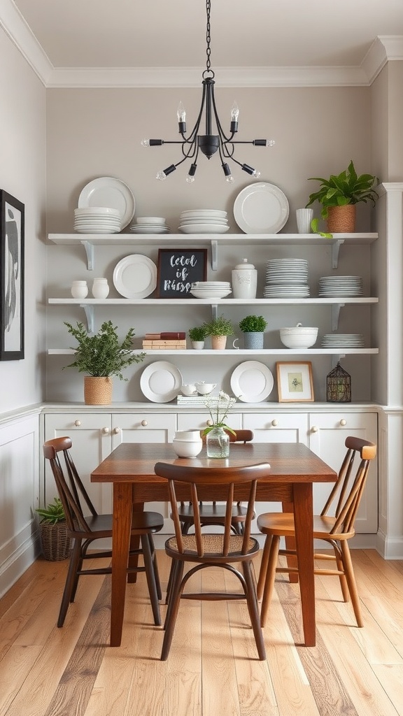 Cozy dining room with open shelving displaying plates and plants