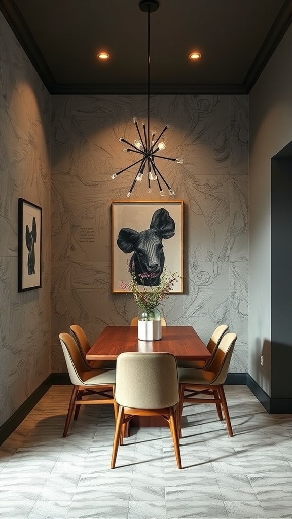 Small dining room with textured wall treatments and modern decor.