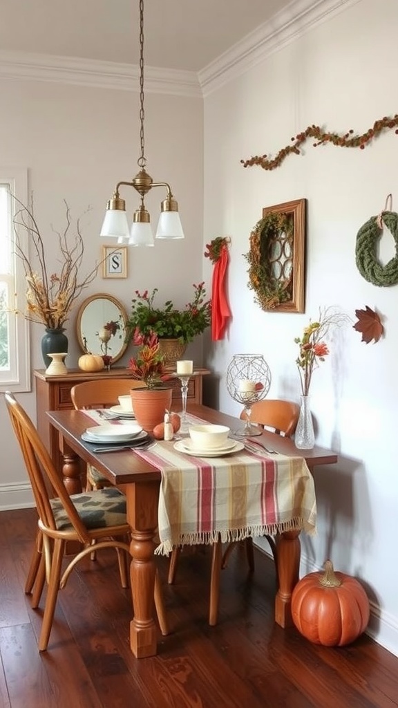 A small, modern dining room with a light wood table, two gray chairs, and a simple pendant light.