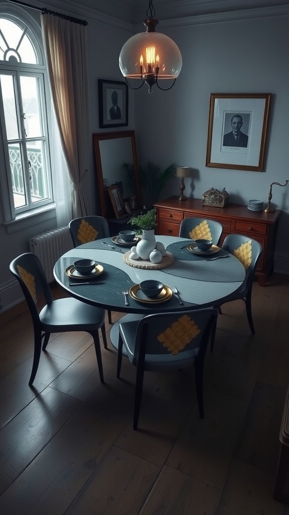 A small dining room featuring a round table with artistic design and stylish chairs.