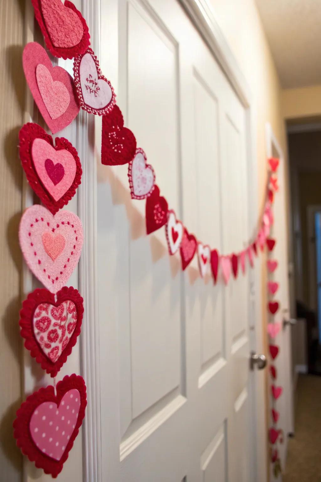Whimsical sweetheart garland adding festive charm to a door.