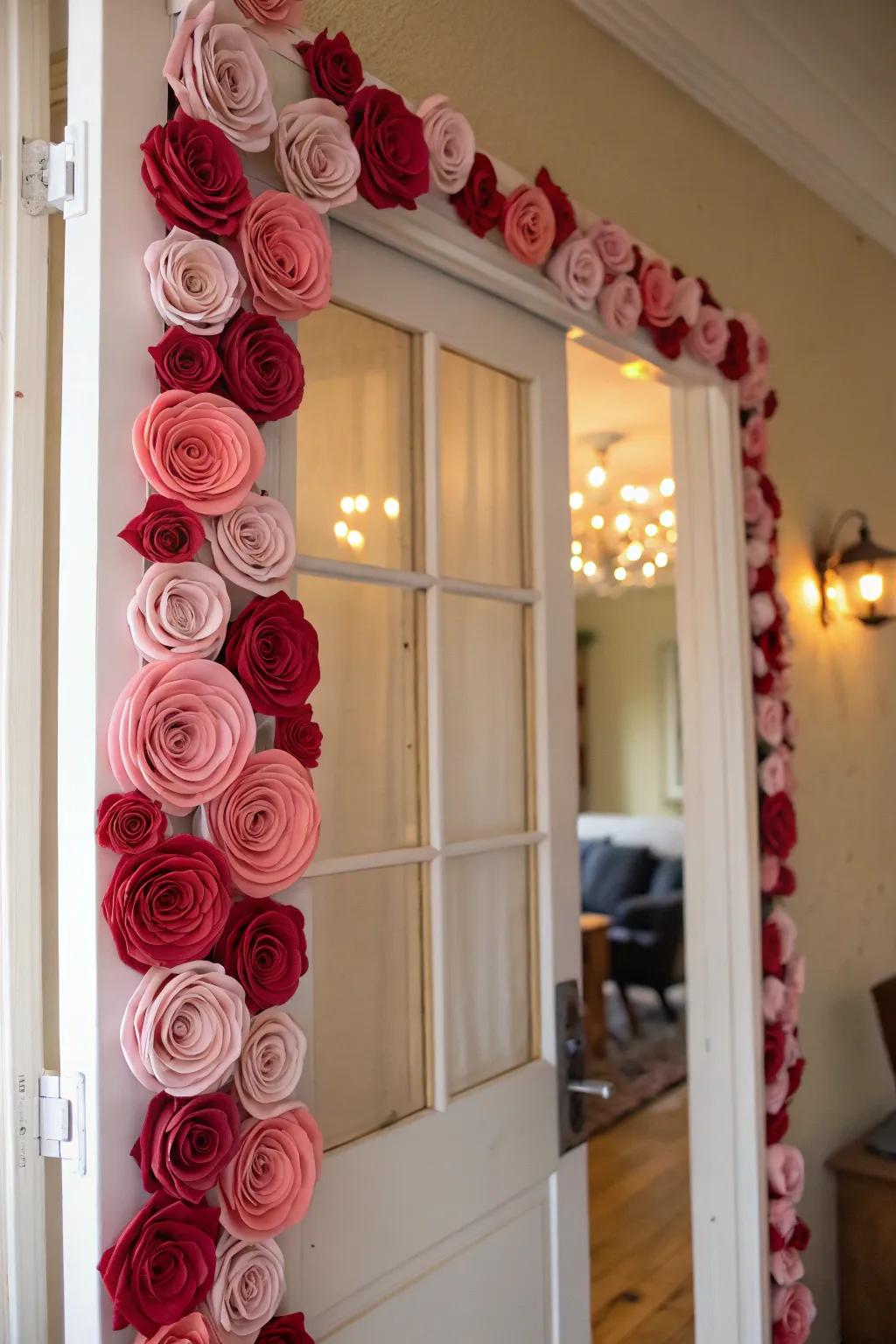 Paper roses creating an elegant and sustainable door decoration.