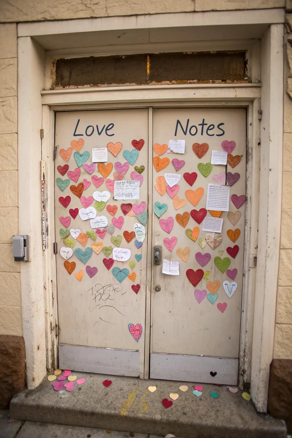 Love notes decorating a door, creating a heartfelt display.