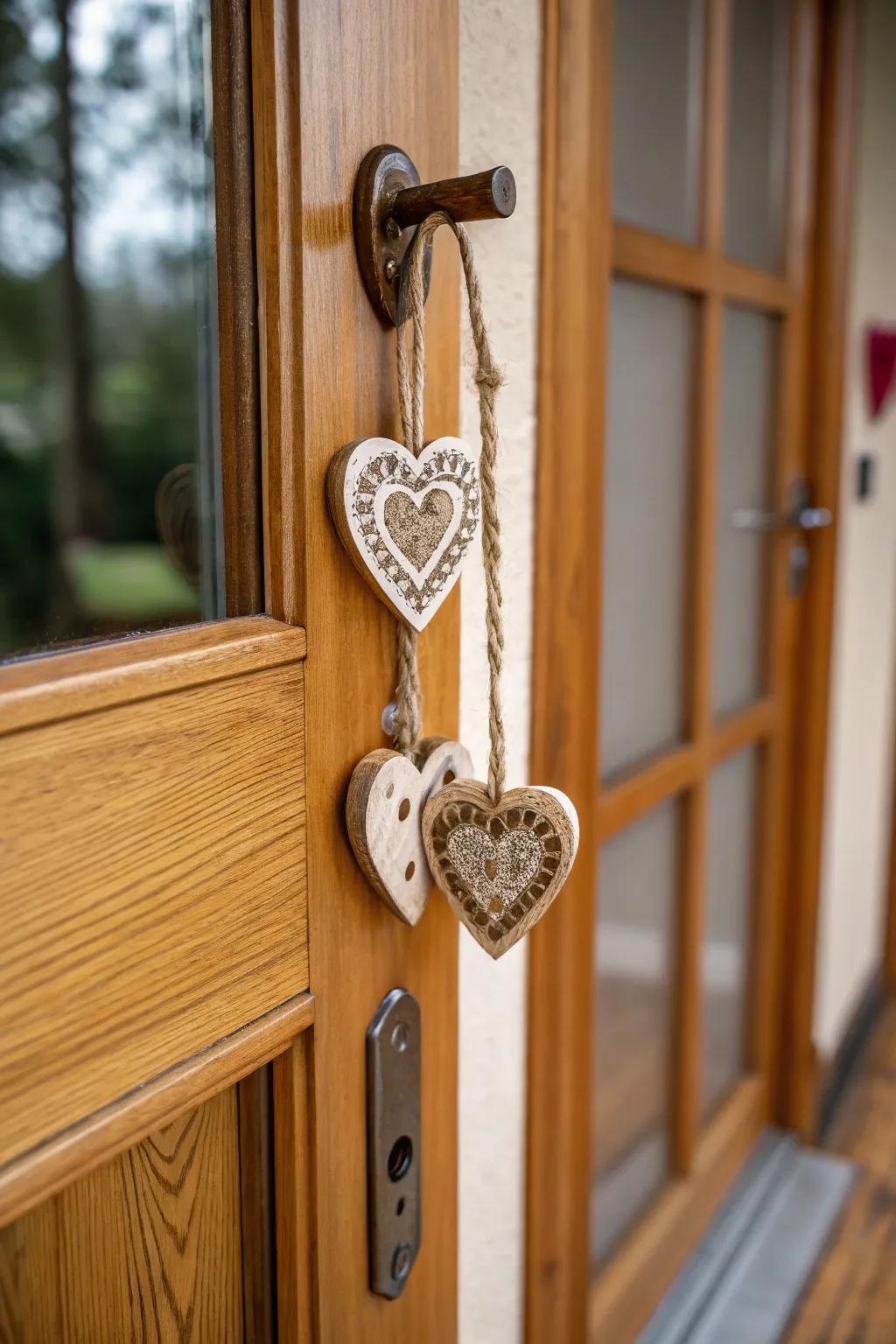 Handcrafted wooden hearts adding rustic charm to a doorway.